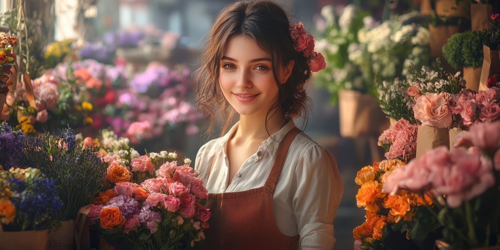 Young woman smiling among colorful flowers in a vibrant market during daylight